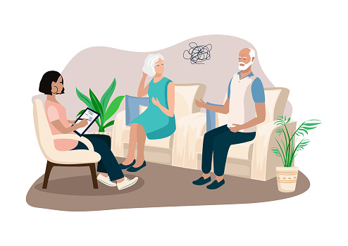 An elderly couple is in a therapy session in a family psychologist's office. Counseling, training, problem solving and psychological assistance. Vector illustration in a flat style.