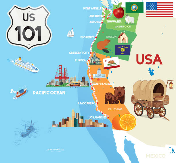 illustrations, cliparts, dessins animés et icônes de affiche de la carte routière américaine de l’autoroute 101 - florence oregon