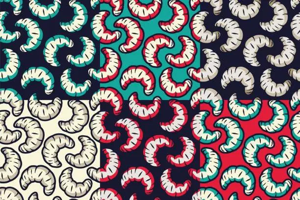 Vector illustration of Worm set of seamless patterns for halloween design. Wallpapers with maggots