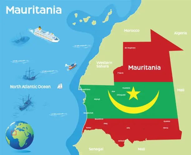 Vector illustration of Mauritania Flag and Map