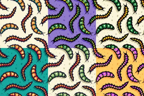 Vector illustration of Worm set of seamless patterns for halloween design. Wallpapers with caterpillars