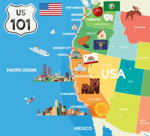 Vector illustration of USA MAP, Highway 101 U.S. Route Map Poster