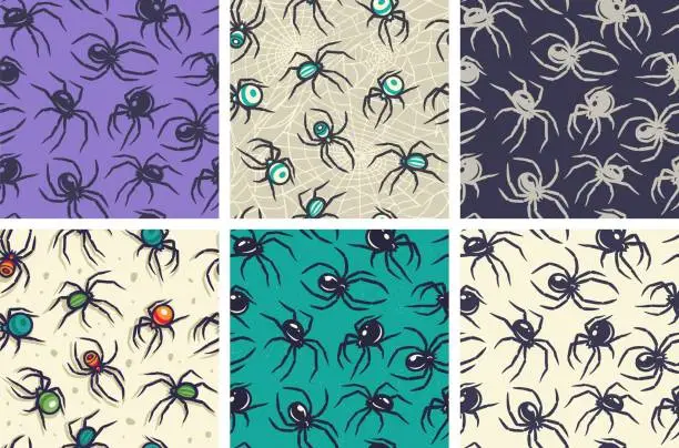 Vector illustration of Halloween set of seamless patterns with spider, tarantula or insect for halloween design