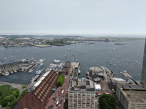 View of Boston Harbor and Long Wharf from above