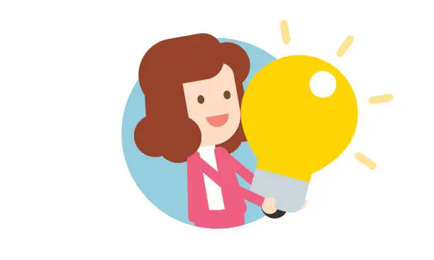 Vector illustration of Businesswoman holding lightbulb, Good idea, Business creativity