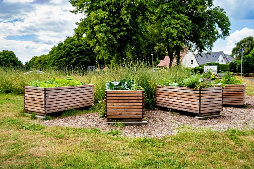 Group of wooden planters sitting on top of lush green field in Germany.