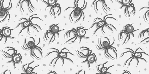 Vector illustration of Halloween seamless pattern with spider, tarantula or insect for monochrome halloween design