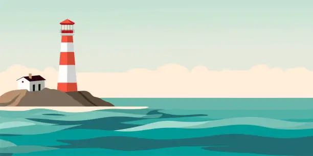 Vector illustration of Lighthouse on ocean landscape. Lighthouse on sea coast in flast style.