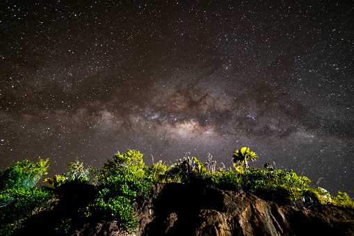 Milky way photo in the mountains of Praslin Island