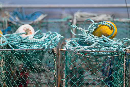 A close-up depiction of mooring, blue rope attached to a black metal bollard on a wooden pier.