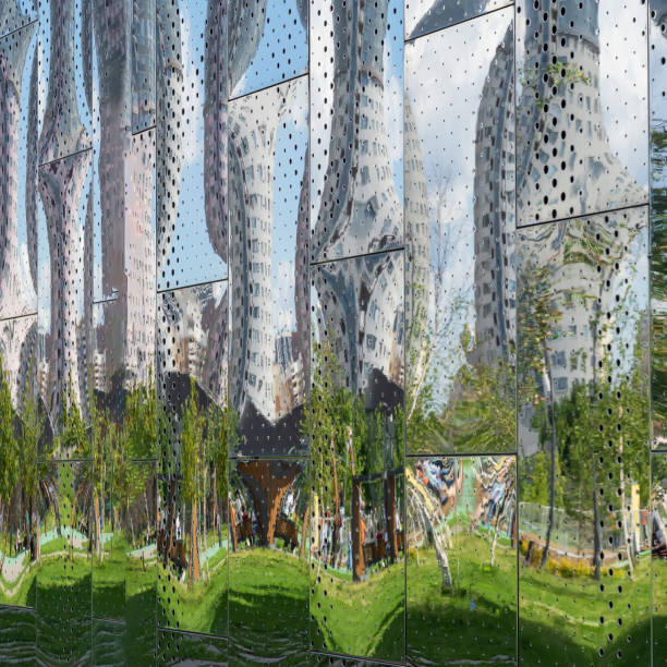 Abstract Exterior of mirror reflective metallic wall building. Abstract background, modern architecture