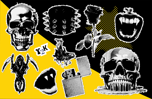 Brutal collage design elements set in dotted style. Retro halftone effect - Skull, vampire mouth, spiked wristband, lighter with fire, rose. Vector illustration with vintage grunge punk cutout shapes