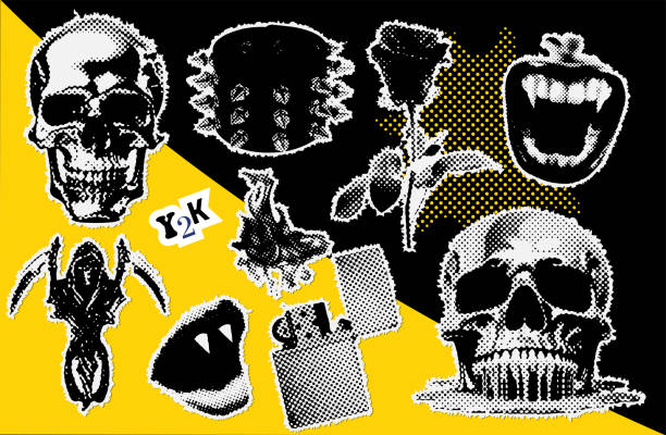 Brutal collage design elements set in dotted style. Retro halftone effect - Skull, vampire mouth, spiked wristband, lighter with fire, rose. Vector illustration with vintage grunge punk cutout shapes. Brutal collage design elements set in dotted style. Retro halftone effect - Skull, vampire mouth, spiked wristband, lighter with fire, rose. Vector illustration with vintage grunge punk cutout shapes punk music stock illustrations