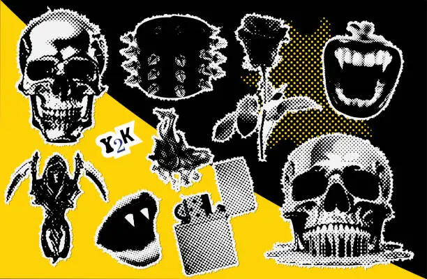 Vector illustration of Brutal collage design elements set in dotted style. Retro halftone effect - Skull, vampire mouth, spiked wristband, lighter with fire, rose. Vector illustration with vintage grunge punk cutout shapes.