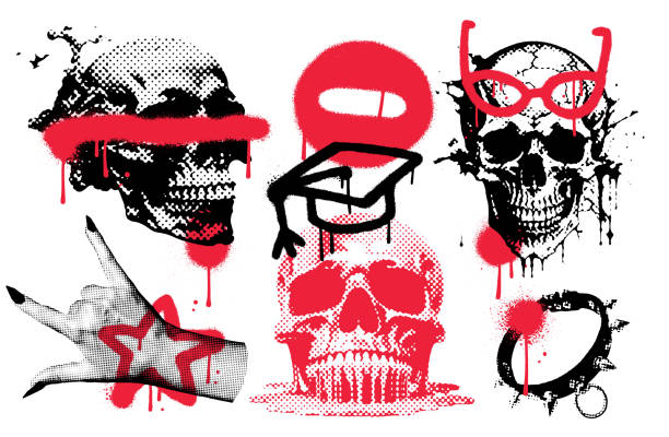 urban street art 지하 요소 - 그래피티 오버 스프레이, 별, 왜곡 된 두개골, 티셔츠, 상품, 의류, 스트리트웨어. 90년대 잔인한 언더그라운드, 힙합, 갱스터 애시드 요소. 벡터 - spiked stock illustrations