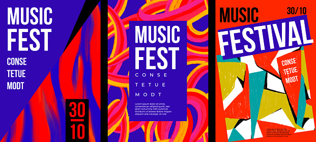 Set of modern music fest templates with abstract pattern. Poster with brush strokes, paint stains, typography. Hand drawn pattern. Placard, flyer, invitation, blank. Music fest banner. Freehand design