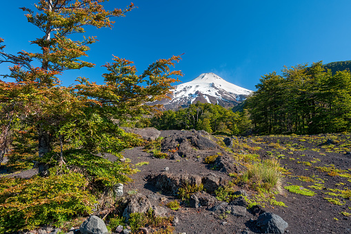 View of the summit of the villarrica volcano from the villarica national park in the araucania region of chile