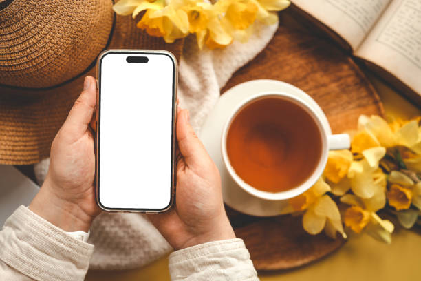 istock Hands with phone with isolated screen on background of spring composition 1599155030