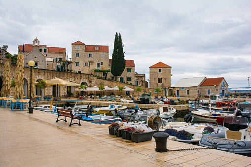 Bol, Croatia - May 15th 2023. The waterfront harbour area in Bol town on Brac Island, Croatia