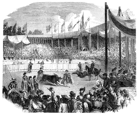 Known as the first Bullfighting Town in France, Bayonne has the longest history of bull fighting in France
The bullring in Bayonne seats more than 10 000 people and also host shows and concerts in summer.

Original edition from my own archives
Source : Correo de Ultramar 1853