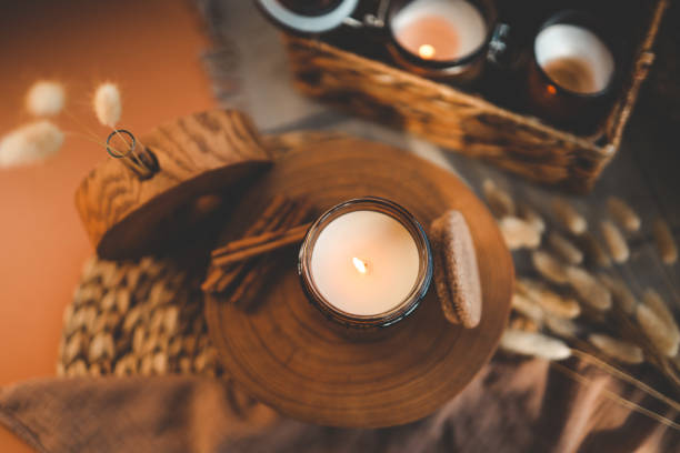 istock Burning candle in home interior, aesthetics 1599186058