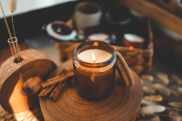 istock Burning candle in home interior, aesthetics 1599186064