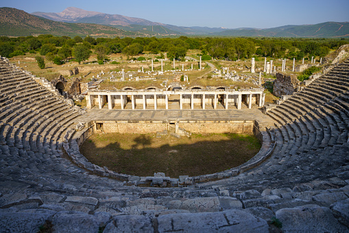 Ancient city of Aphrodisias belonging to the Roman Empire period. Ancient city ruins, columns, aqueducts, ancient baths, temples, amphitheaters and stadiums from the Roman period