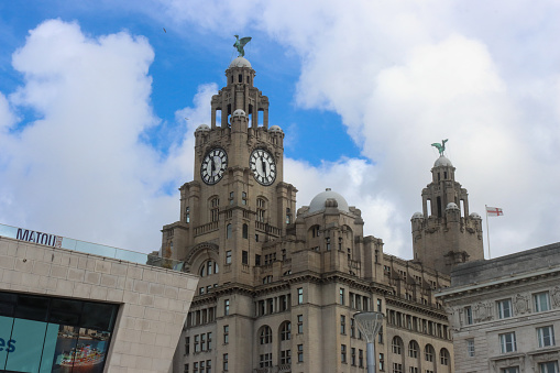 The Royal Liver Building in Liverpool, United Kingdom, as seen on a busy day during the school summer holidays.