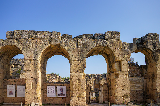 Ancient city of Aphrodisias belonging to the Roman Empire period. Ancient city ruins, columns, aqueducts, ancient baths, temples, amphitheaters and stadiums from the Roman period