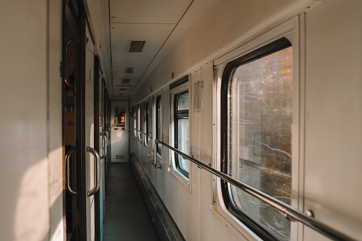 The subway carriage is empty, and the concepts of transportation and railway transportation