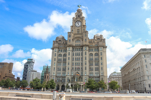 The Royal Liver Building in Liverpool, United Kingdom, as seen on a busy day during the school summer holidays.