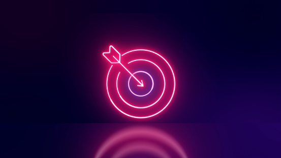 Arrow target luminous neon on purple background. Dart hitting business concept. 3D rendering.