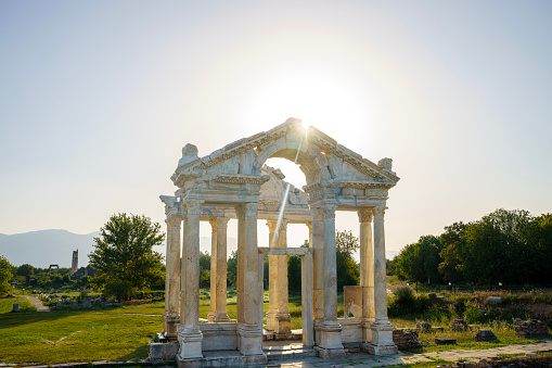 Ancient city of Aphrodisias belonging to the Roman Empire period. Ancient city ruins, columns, aqueducts, ancient baths, temples, amphitheaters and stadiums from the Roman period