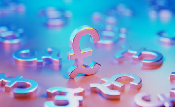 Metallic British Pound Symbols Illuminated By Blue And Pink Lights On Blue And Pink Background Metallic British Pound symbols illuminated by blue and pink lights on blue and pink background. Horizontal composition with copy space. british currency stock pictures, royalty-free photos & images