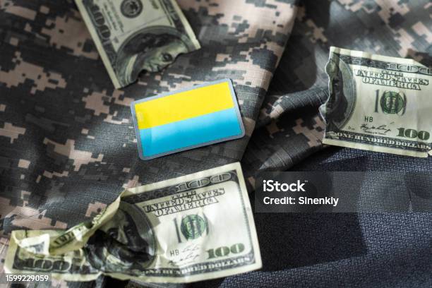 Military Patch And Bullets On Pixel Ukrainian Camouflage Closeup Stock Photo - Download Image Now