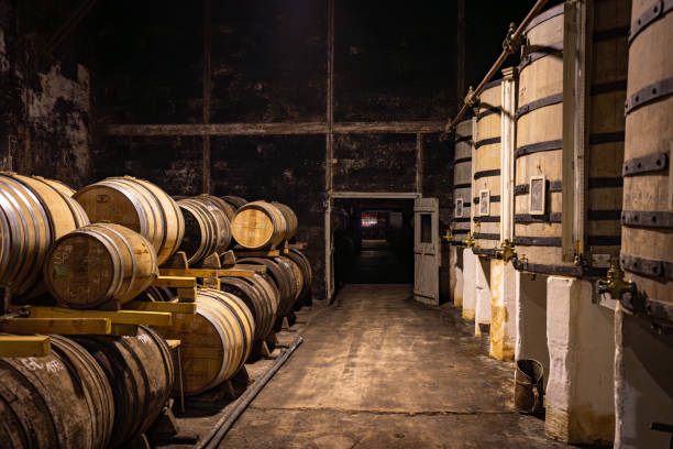 istock Barrels in French cognac distillery cellar 1599232783