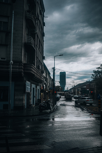 Belgrade, Serbia - August 5, 2023. Storm clouds over the streets of Belgrade during the summer.