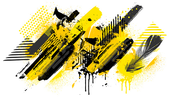 Modern black, white and yellow grunge paint marks and textured grunge street poster patterns vector illustration background