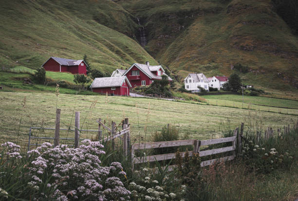 Typical red houses on Runde Island, Norway, Europe