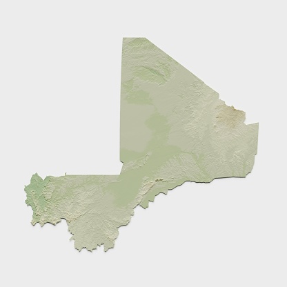 3D render of a topographic map of Mali. All source data is in the public domain. Relief texture: NASADEM data courtesy of NASA JPL (2020). URL of source image: https://doi.org/10.5067/MEaSUREs/SRTM/SRTMGL3.003. Color texture: Made with the free and open-source software Blender. URL of Blender software:  http://www.blender.org.