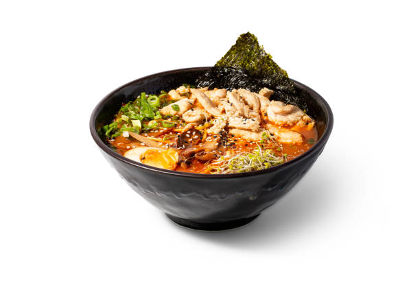 istock Spicy tonkotsu Ramen with chicken in a bowl on white background. 1599323001