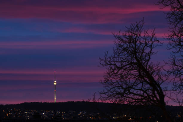 TV Tower of Stuttgart by night with colorful cloudscape