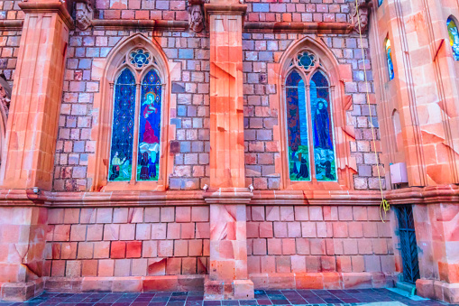 windows of the temple of our lady of fatima in the historic center of zacatecas, pink quarry church