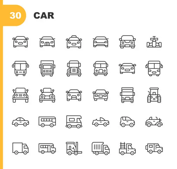 Vector illustration of Car Line Icons. Editable Stroke. Contains such icons as Ambulance, Auto, Bus, Car, Drive, Electric Car, Engine, Hybrid, Industry, Logistic, Luxury, Race, Race Car, Road, Sedan, Taxi, Tractor, Traffic, Transportation, Travel, Truck, Van, Vehicle, Wheel.