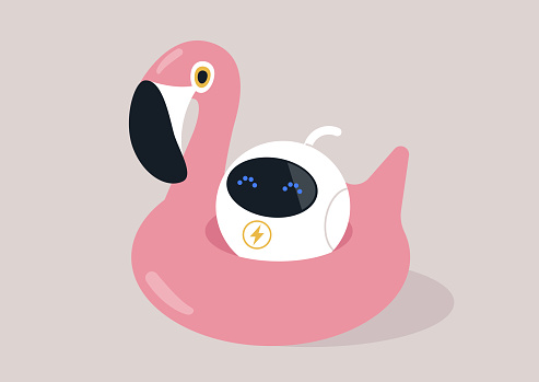 Cute robot reclining atop an inflatable flamingo float, a playful sunbathing while absorbing solar energy, showcasing a delightful fusion of technology and leisure