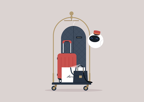 An autonomous porter robot gracefully pushing a hotel luggage cart piled high with suitcases and bags, showcasing efficiency and modern technological prowess