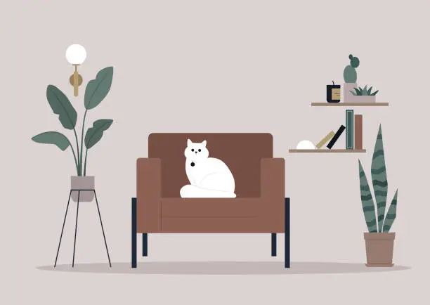 Vector illustration of A white fluffy cat sitting in a leather armchair, a hipster interior with potted plants and bookshelves