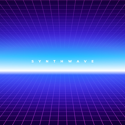 Synth wave retro grid background. Synthwave 80s vapor vector game poster neon futuristic laser space arcade.