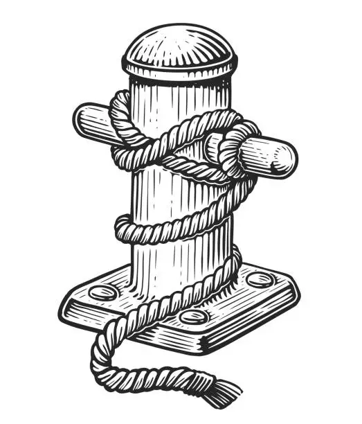 Vector illustration of Mooring bollard with ship rope. Marine concept. Sketch vintage vector illustration