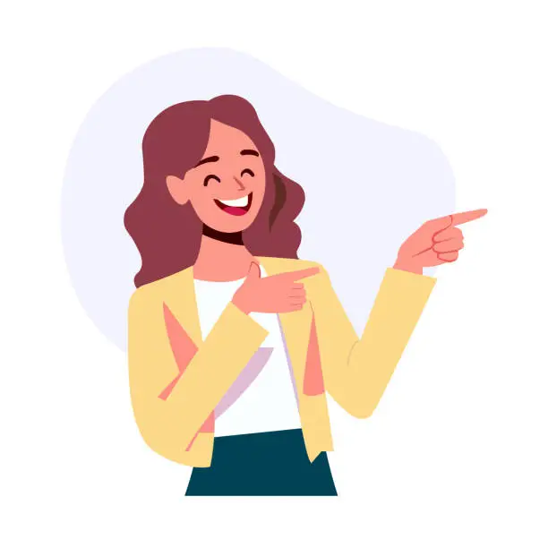 Vector illustration of Happy young woman pointing and showing smile with hand. Smiling secretary or businesswoman explaining and presenting smth. Isolated vector illustration